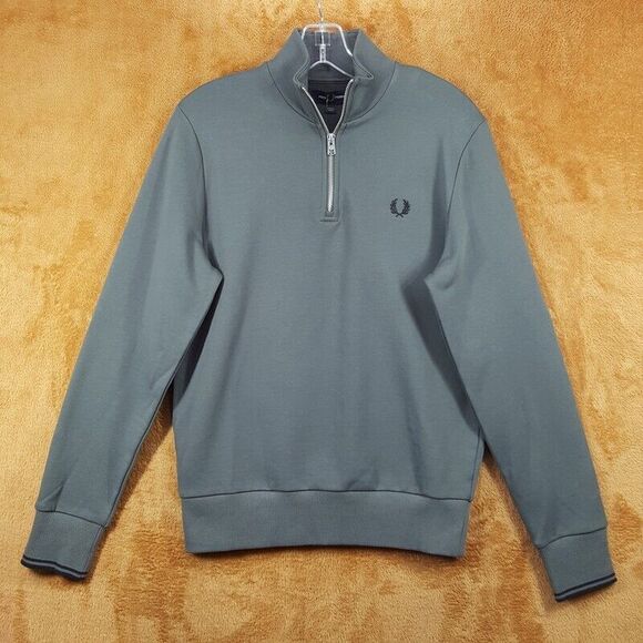 FRED PERRY Sweatshirt Mens Small Field Green 1/4 Zip Pullover Logo $125 - Picture 2 of 8
